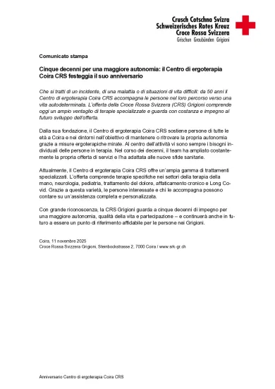 Comunicato stampa: Anniversario Centro di ergoterapia Coira CRS 