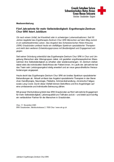Medienmitteilung: Jubiläum Ergotherapie-Zentrum Chur SRK 
